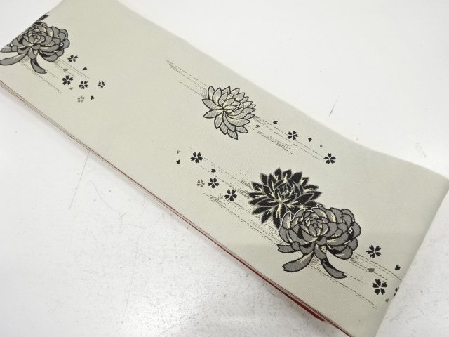 菊に桜模様織り出し　半幅帯